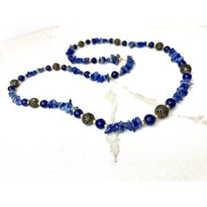 Vintage Lapis Lazuli Chip & Bead Necklace Brass Filigree Boho Artisan